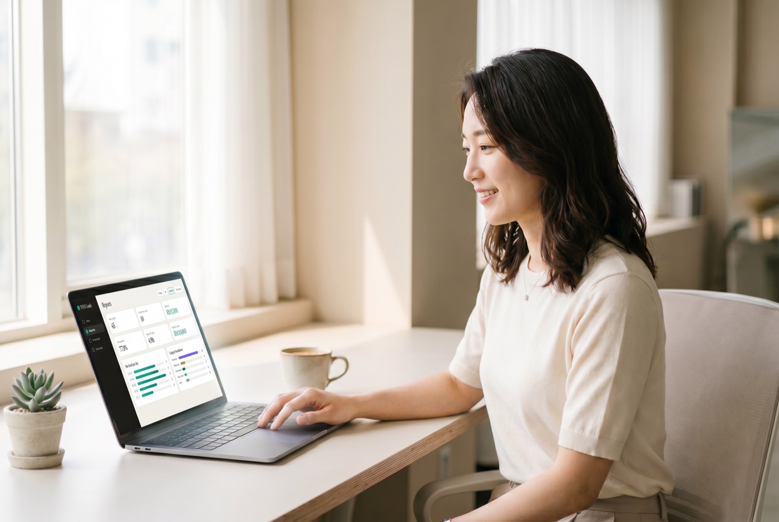 Solo seller reviewing her WINS Leads sales dashboard on a laptop